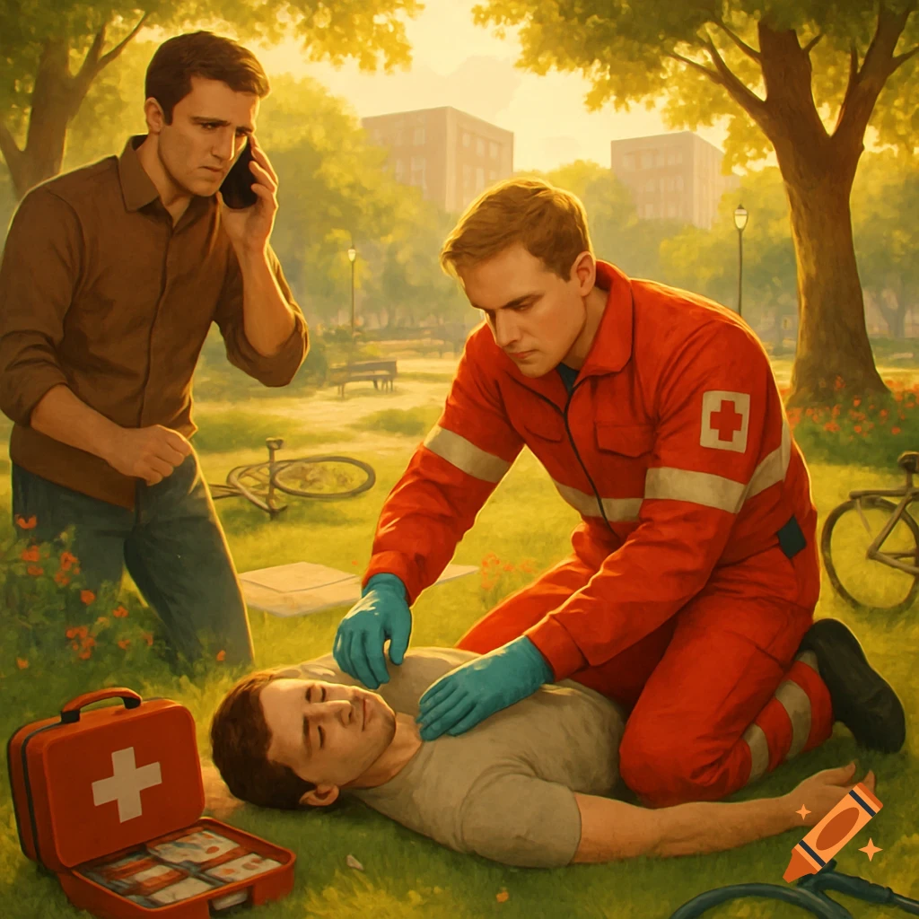 An EMT in red uniform provides first aid to a man lying on the grass in a park, while another man on a phone looks on, photorealistic style.