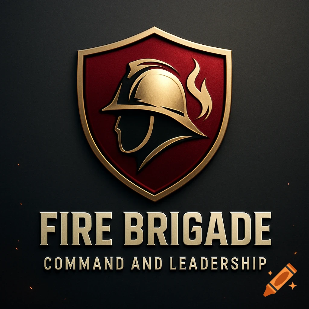 Gold and red shield logo with a stylized firefighter helmet and flames. Text: FIRE BRIGADE COMMAND AND LEADERSHIP.