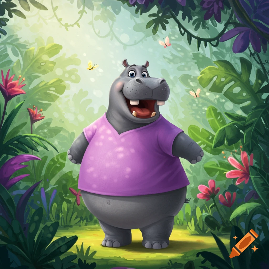 A cheerful cartoon hippo wearing a purple t-shirt stands in a vibrant, sunlit jungle with tropical plants and butterflies.