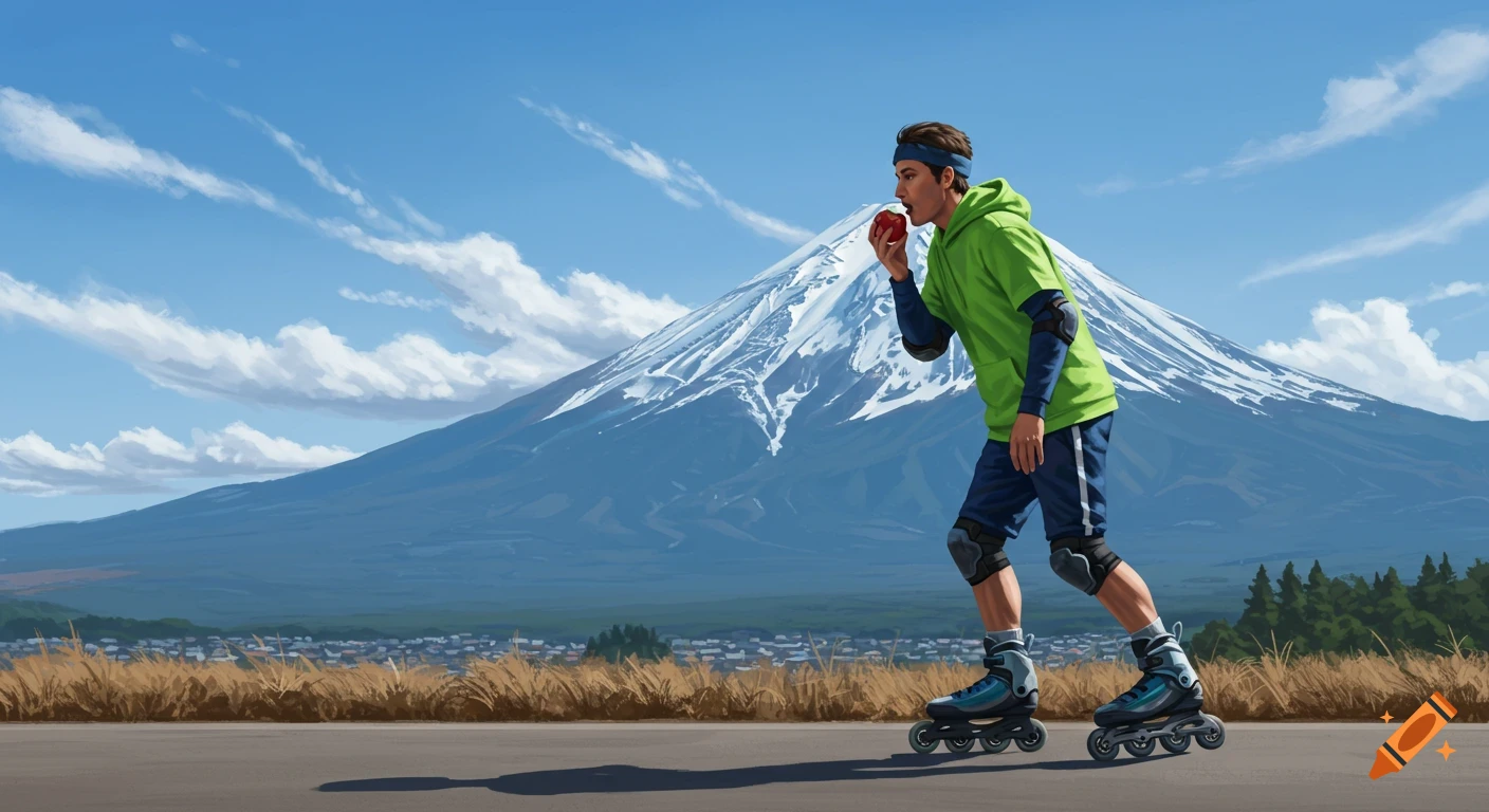 A man on rollerblades eats an apple on a road in front of snow-capped Mount Fuji under a blue sky.