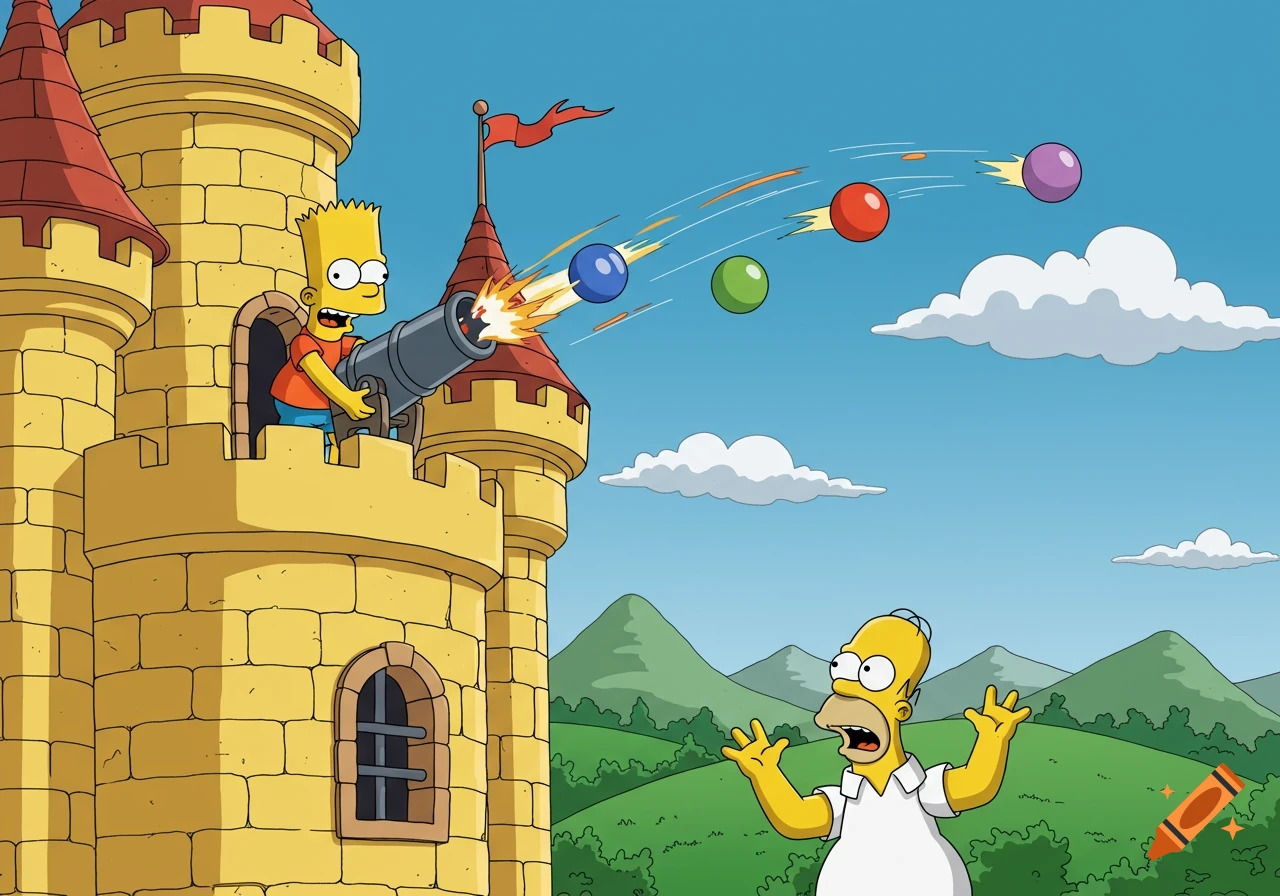Cartoon Bart Simpson in a castle tower fires colorful cannonballs at a scared Homer Simpson below, set against green hills and a blue sky.