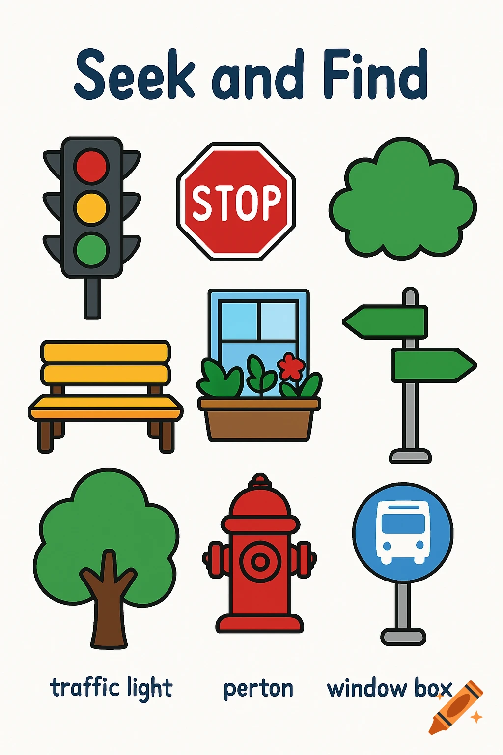 A 'Seek and Find' page with nine cartoon icons: a traffic light, stop sign, bush, park bench, window box, street sign, tree, fire hydrant, and bus stop sign. Text labels at the bottom include 'traffic light', 'perton', and 'window box'.