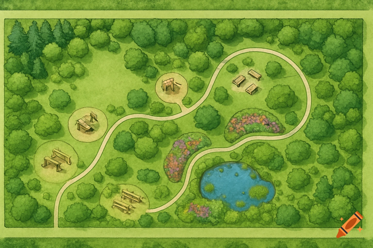 Aerial map of a green park with winding paths, a pond, diverse trees, flower beds, and picnic/play areas, in an illustrative style.