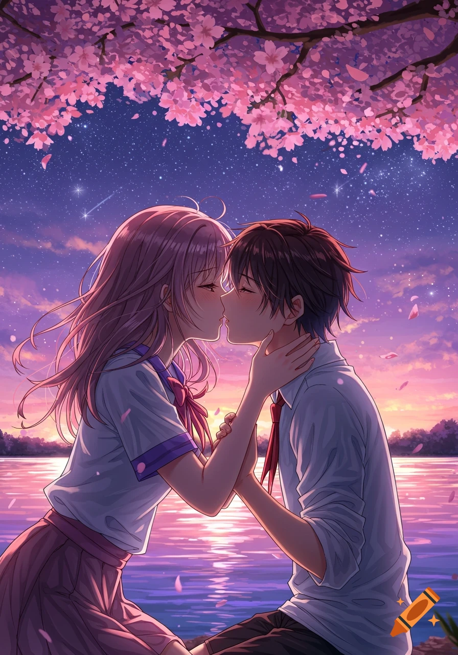 Anime couple kissing under a cherry blossom tree by a lake at twilight with a starry sky.