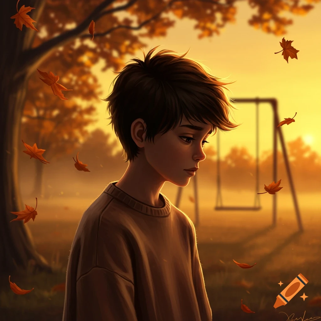 Digital illustration of a shy boy with dark hair looking down in an autumn park with falling leaves at sunset.