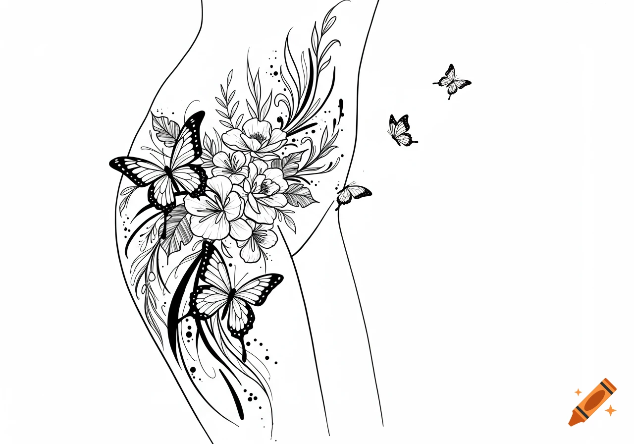 Black and white line art tattoo design featuring butterflies, flowers, and plants on a hip.