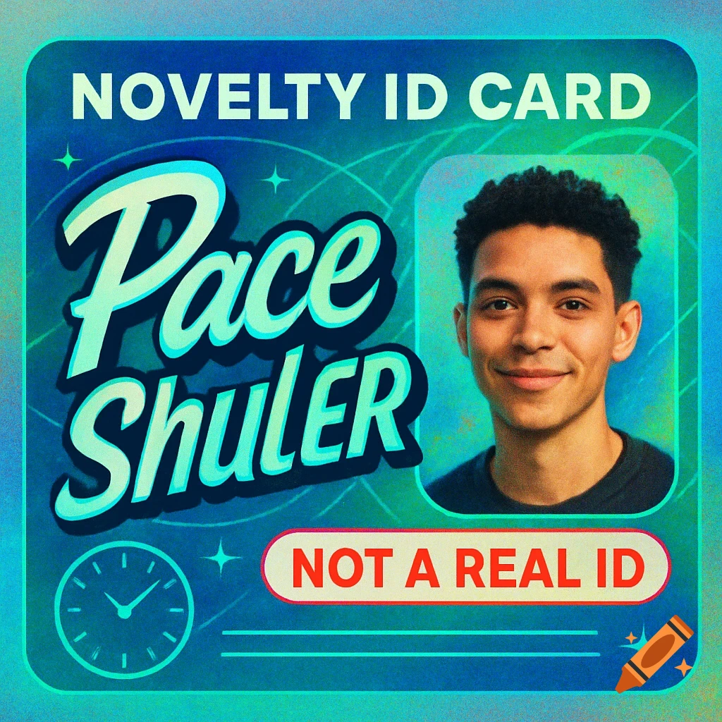 A vibrant novelty ID card for Pace Shuler, with his photo and the text 'NOT A REAL ID'.