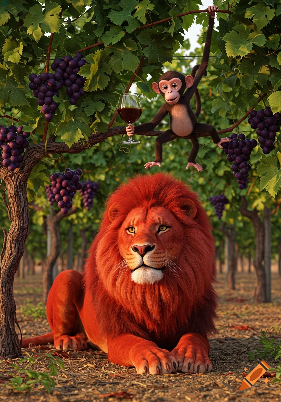 A red lion rests in a vineyard while a monkey hangs from a vine, holding a glass of red wine. 3D photorealistic style.