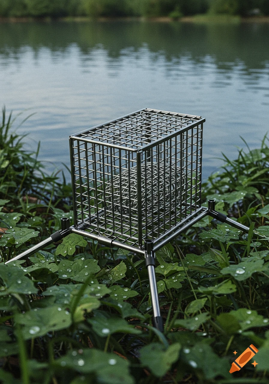 A metal fishing feeder on legs in dewy grass by a lake, with reflections on the water, photorealistic.