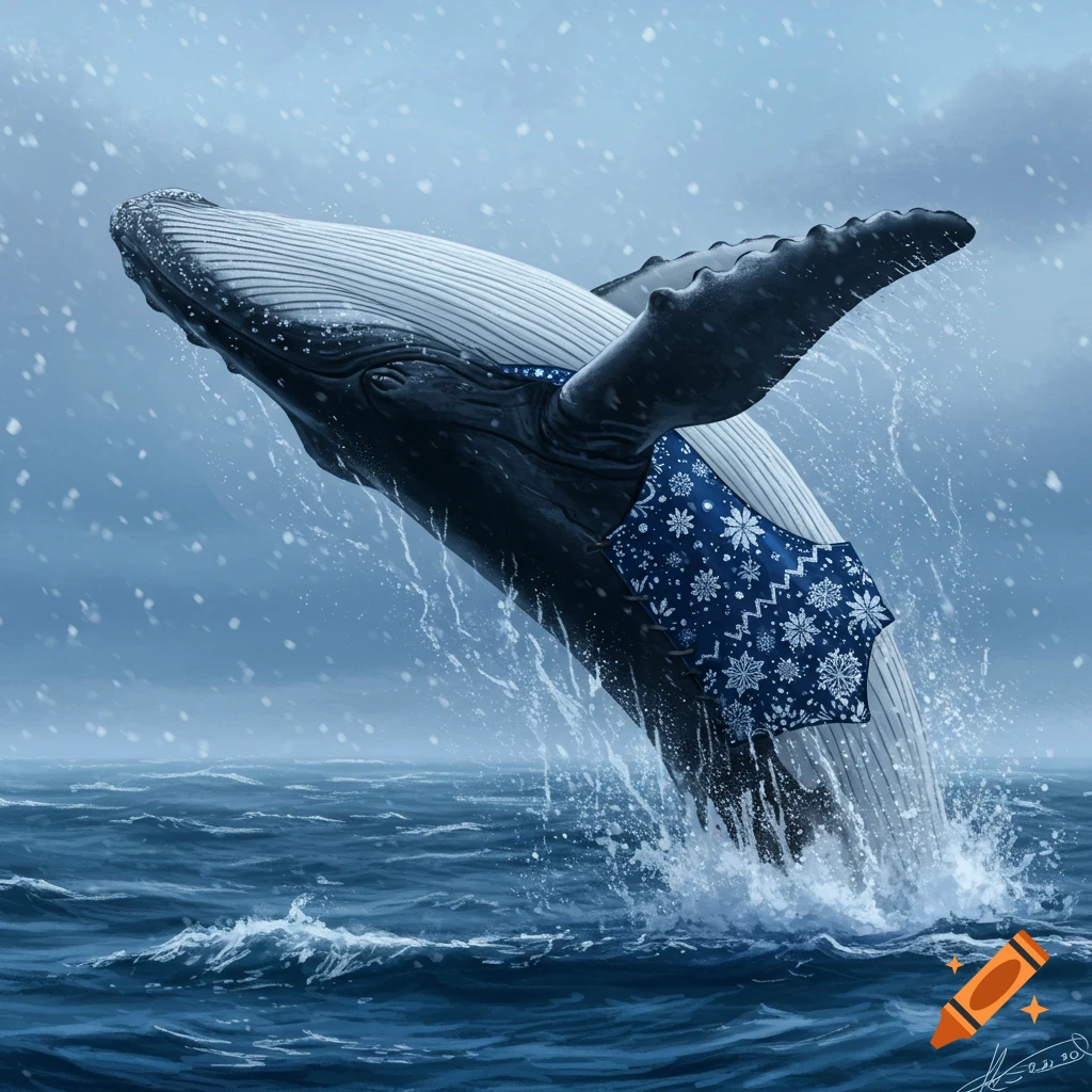 A humpback whale leaps from stormy waters, wearing a blue winter vest patterned with white snowflakes, as snow falls.