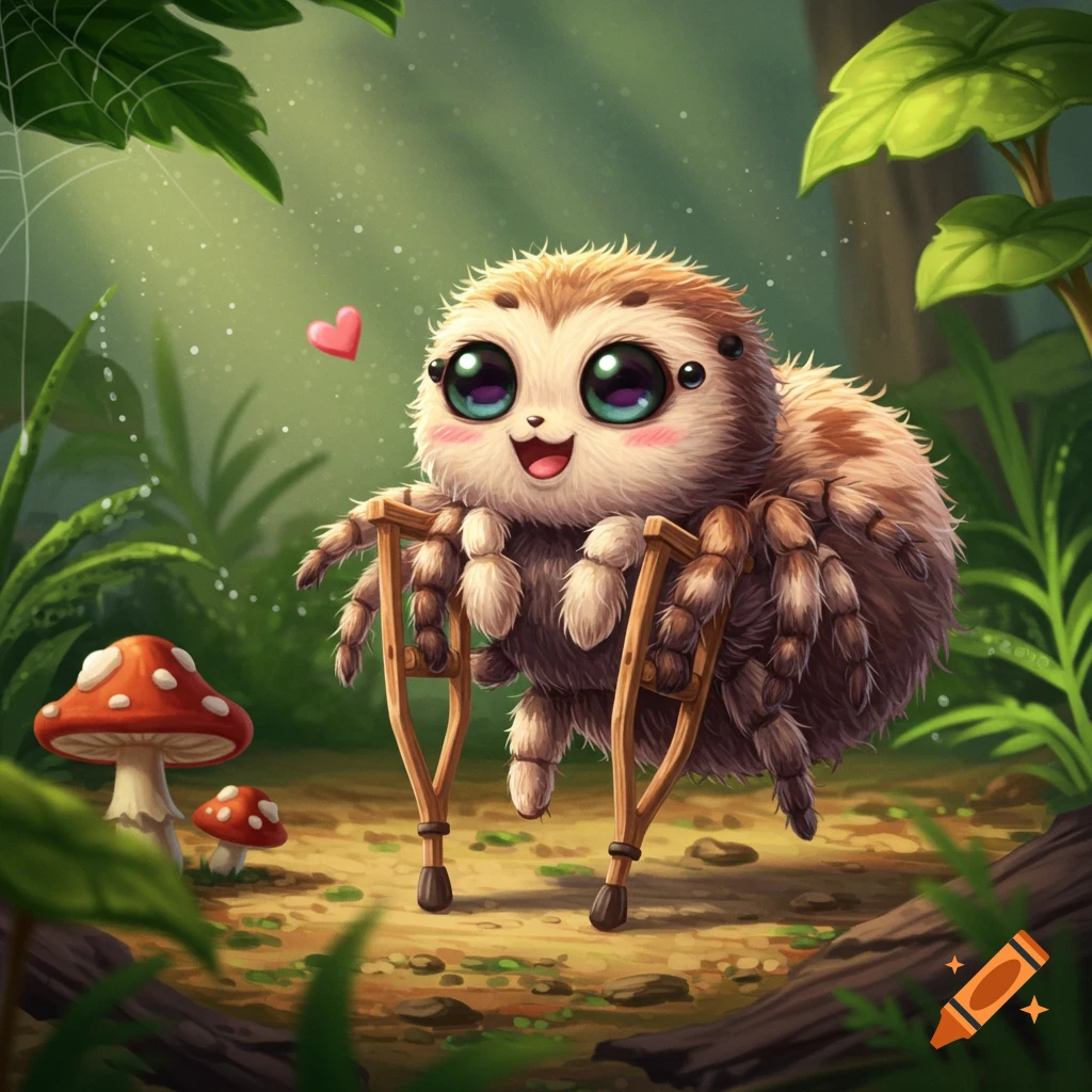 A fluffy, chibi spider with big eyes uses wooden crutches in a whimsical forest with mushrooms.