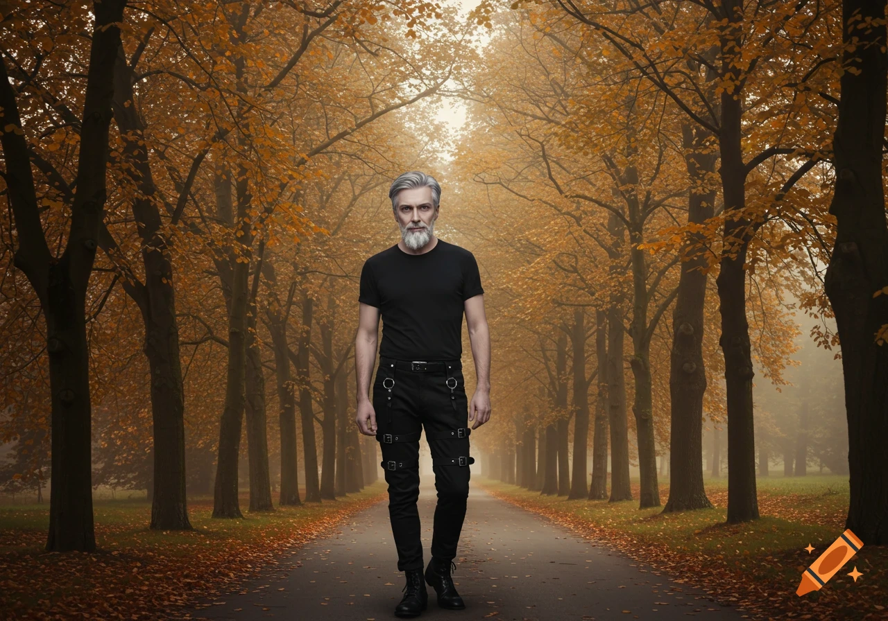 A man with gray hair and beard, wearing a black t-shirt and buckle pants, walks on a path in a misty autumn tree-lined alley.