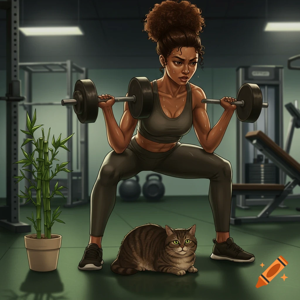 A cartoon illustration of a woman lifting weights in a gym with a tabby cat and a bamboo plant.