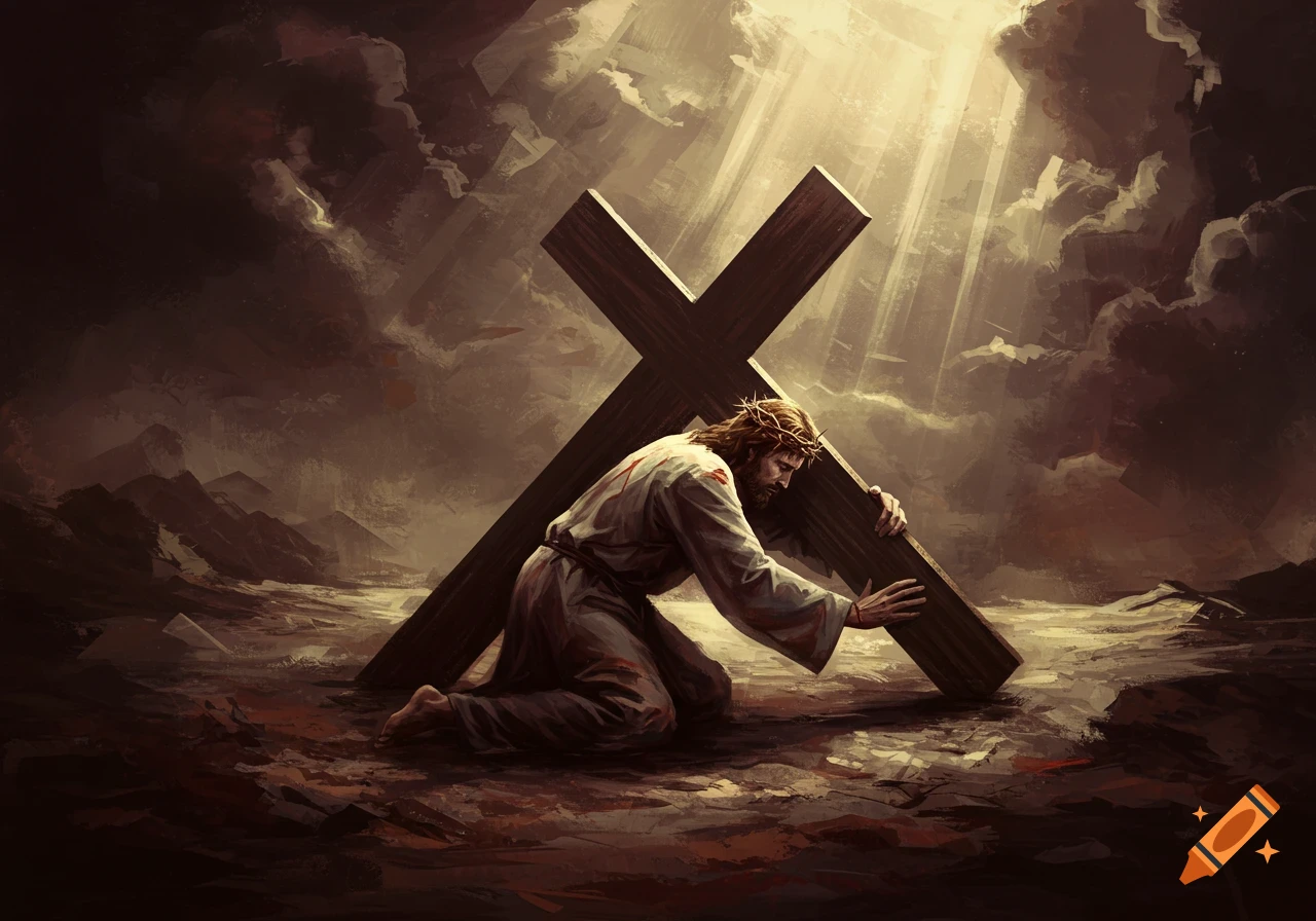 Abstract, painterly image of Jesus, wearing a crown of thorns, kneeling and struggling under the weight of a large wooden cross on a barren path, bathed in dramatic light.
