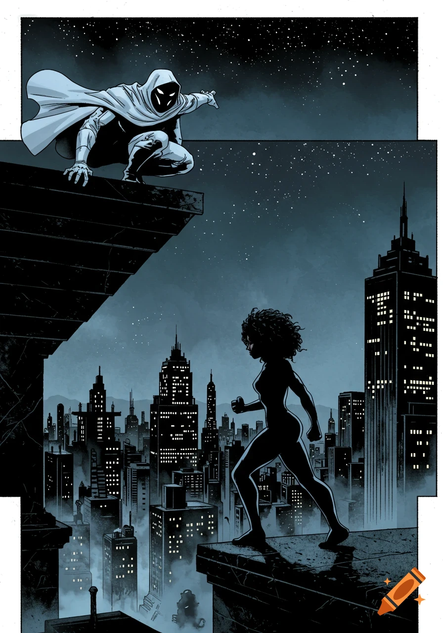 Comic book art of Moon Knight crouching on a rooftop as a woman walks on another, overlooking a lit city at night.