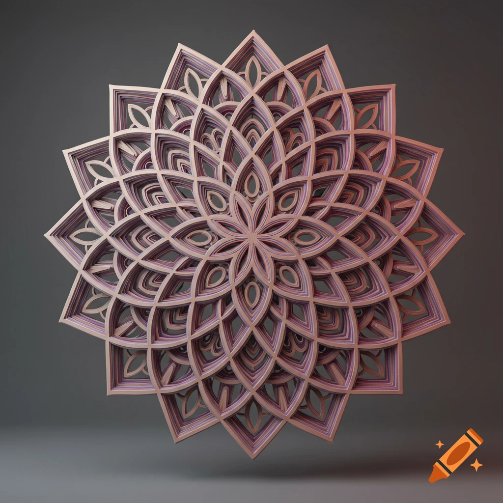 Intricate layered 3D mandala in pink and purple geometric patterns on a gray background.