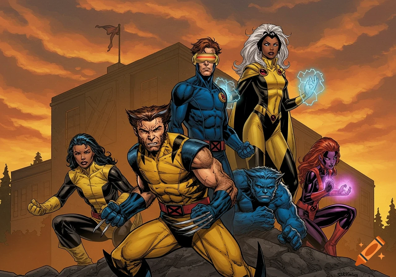 Six X-Men including Wolverine, Storm, Cyclops, and Beast, pose heroically before a building with an X symbol at sunset, comic art style.