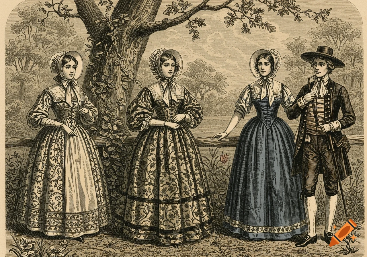 An antique engraving shows three women and one man in elaborate historical English fashion, standing outdoors near a tree.