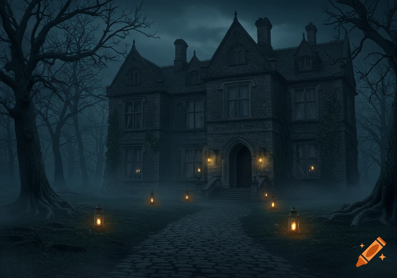 A realistic haunted mansion shrouded in mist at night, with bare trees and glowing lanterns lining a cobblestone path.
