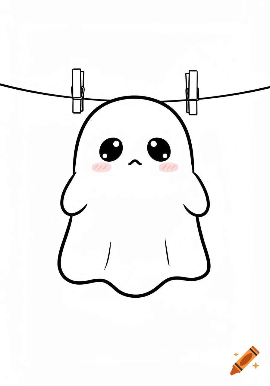 A cute, round, kawaii-style ghost with big eyes and pink cheeks hanging on a clothesline with clothespins.
