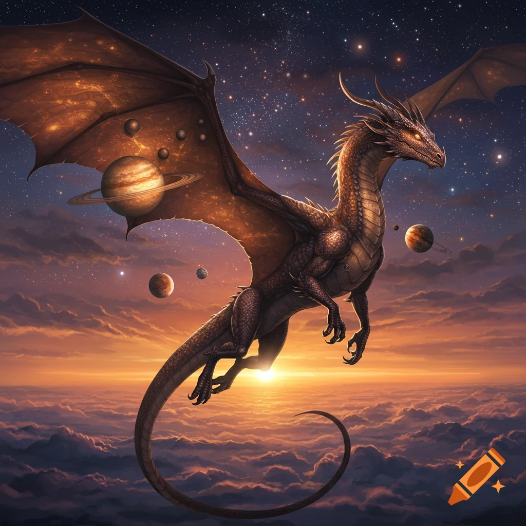 A majestic dragon flies above clouds at sunset, with planets embedded in its wings and glowing in the starry sky.