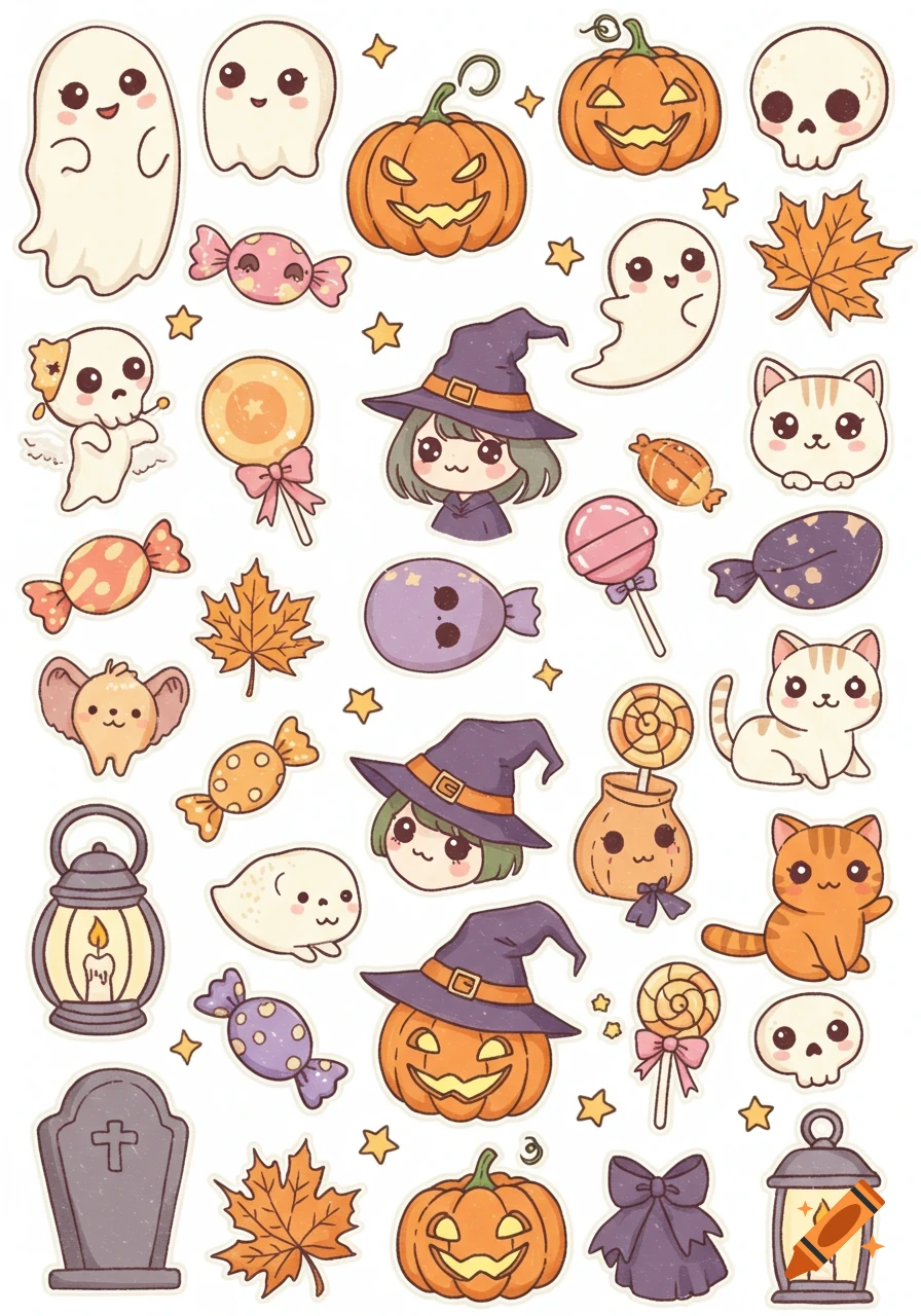 A collection of cute kawaii Halloween stickers featuring ghosts, pumpkins, witches, cats, skulls, candies, and autumn leaves.
