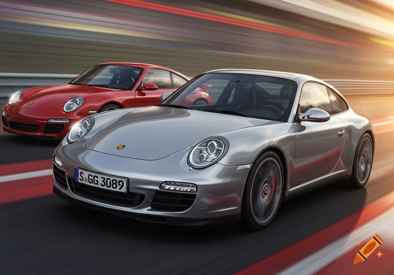 A silver Porsche 997 overtakes a red Porsche 997 on a track, with motion blur and warm sunset lighting.
