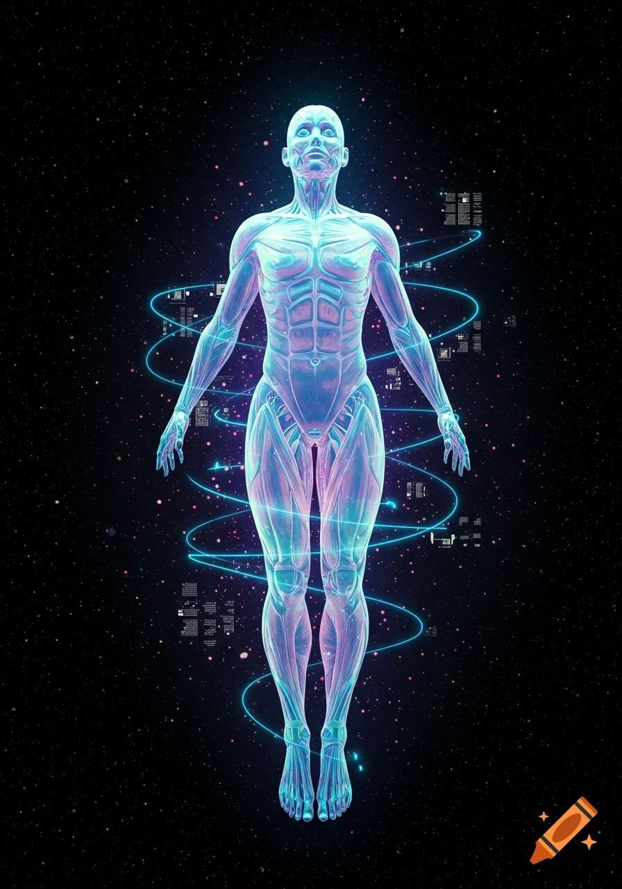 A glowing, translucent anatomical human figure floats in space, surrounded by swirling neon lines and data fragments against a starry background, in a futuristic, holographic style.