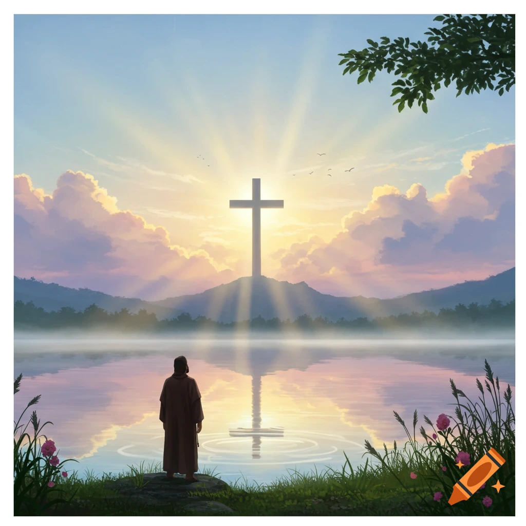 A robed figure stands by a tranquil lake, gazing at a large cross on a distant hill illuminated by a bright sunrise, with its reflection in the water.