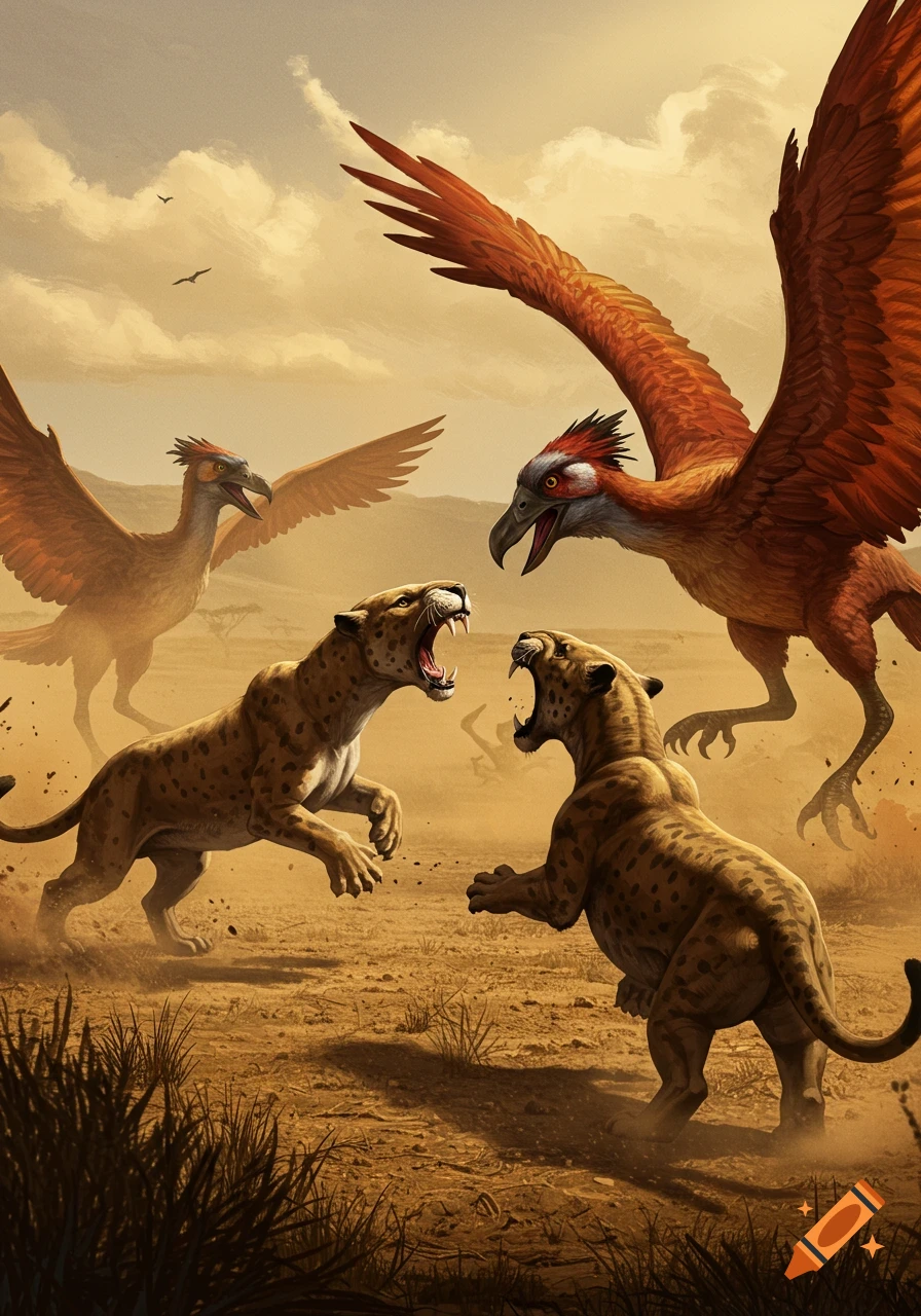 Two roaring Smilodons face off against two large Phorusrhacid birds in a dusty prehistoric savanna at sunset.