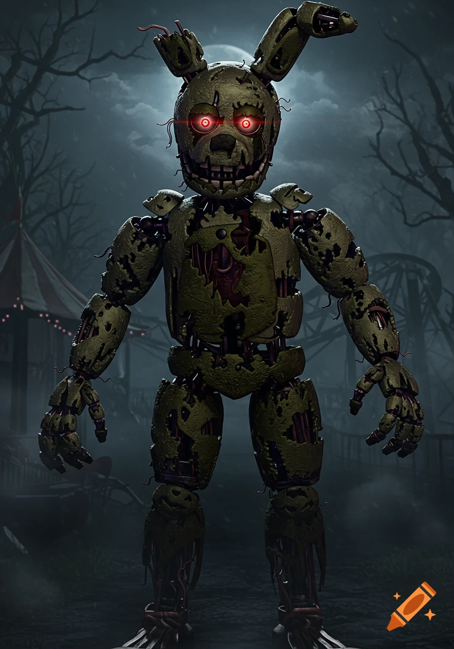 A menacing, decaying animatronic rabbit character with glowing red eyes stands in a dark, spooky amusement park at night.