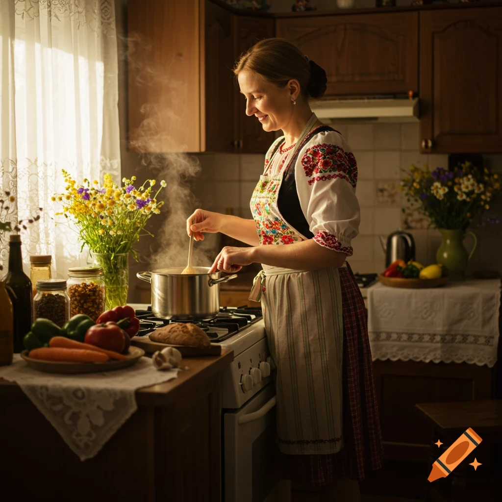 A woman in traditional embroidered clothing cooks in a rustic kitchen, stirring a pot on a stove, with vegetables and flowers nearby.