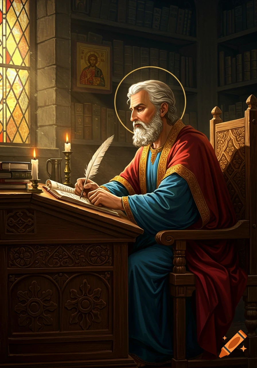 A robed man with a halo and beard writes with a quill at a wooden desk in a dimly lit, book-filled room with a stained-glass window.