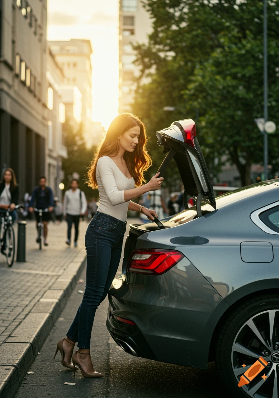 A woman in jeans and a white shirt opens a gray car's trunk on a city street at sunset, with blurred people and buildings in the background. Photorealistic style.