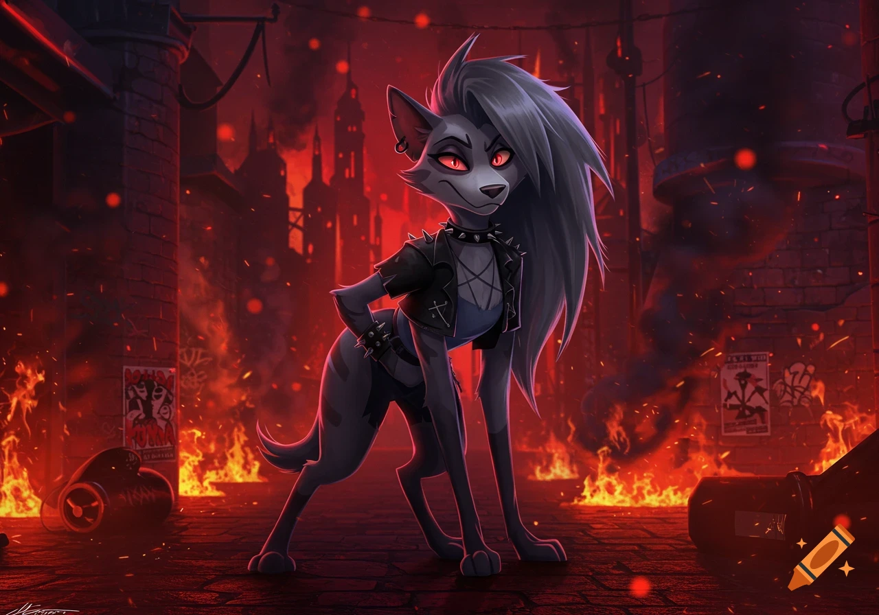 Loona from Hellaverse, a grey anthropomorphic wolf-like character with red eyes, black leather jacket, and spiked collar, stands in a fiery, dark, ruined city street.