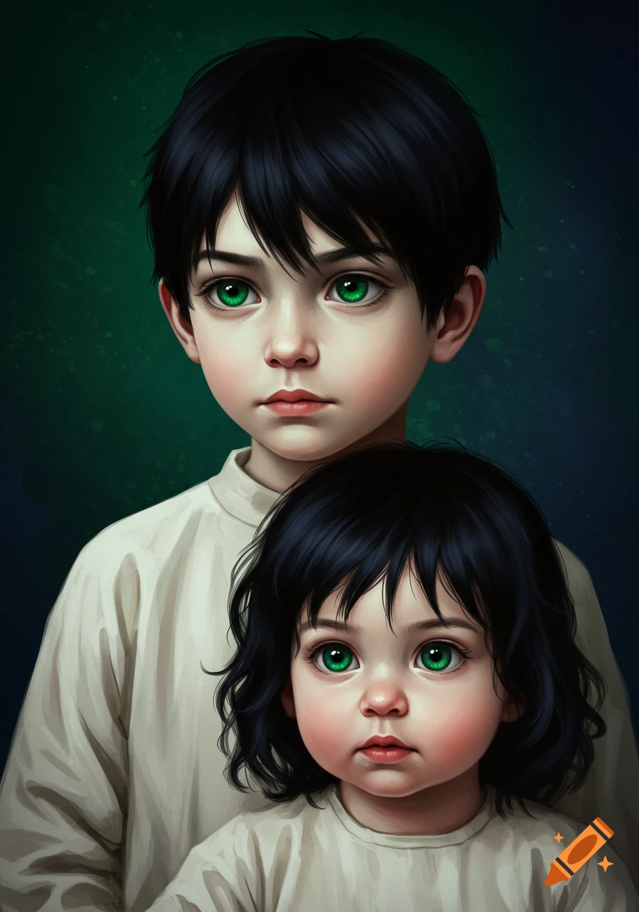 Stylized portrait of a boy with black hair and green eyes standing behind a toddler girl with black hair and green eyes, both wearing light tops.