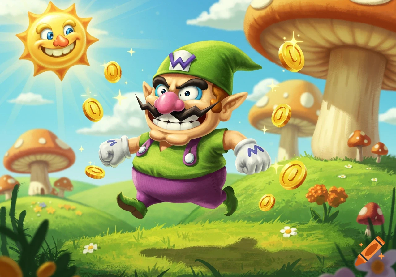 A cartoon Wario-like character with a green hat and purple overalls runs through a vibrant field with mushrooms, collecting golden coins under a smiling sun.