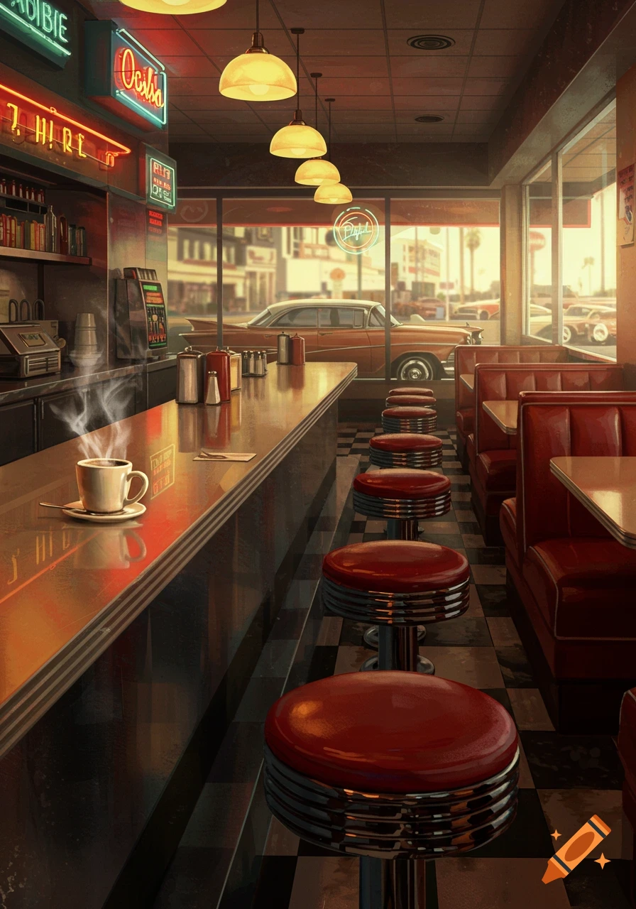 An empty 1950s style diner with a coffee cup, red stools, and classic cars visible through the window.