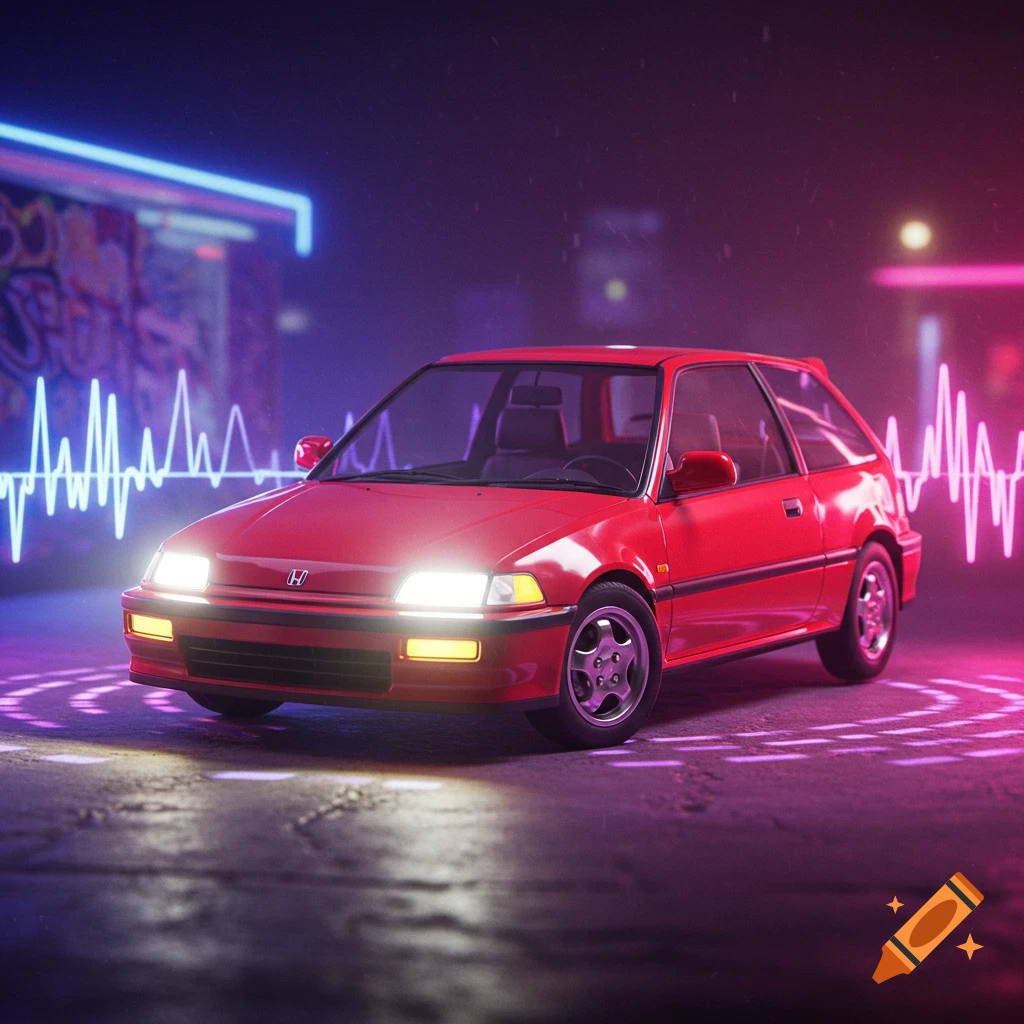 Red 1992 Honda Civic hatchback on a neon-lit urban street with a purple sound wave graphic in a synthwave style.