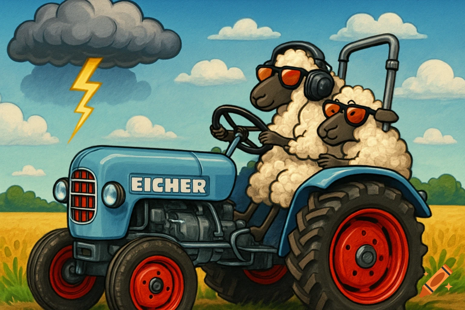 Cartoon illustration of two sheep driving a blue tractor under a stormy sky with a lightning bolt. The tractor has 'EICHER' on its side.