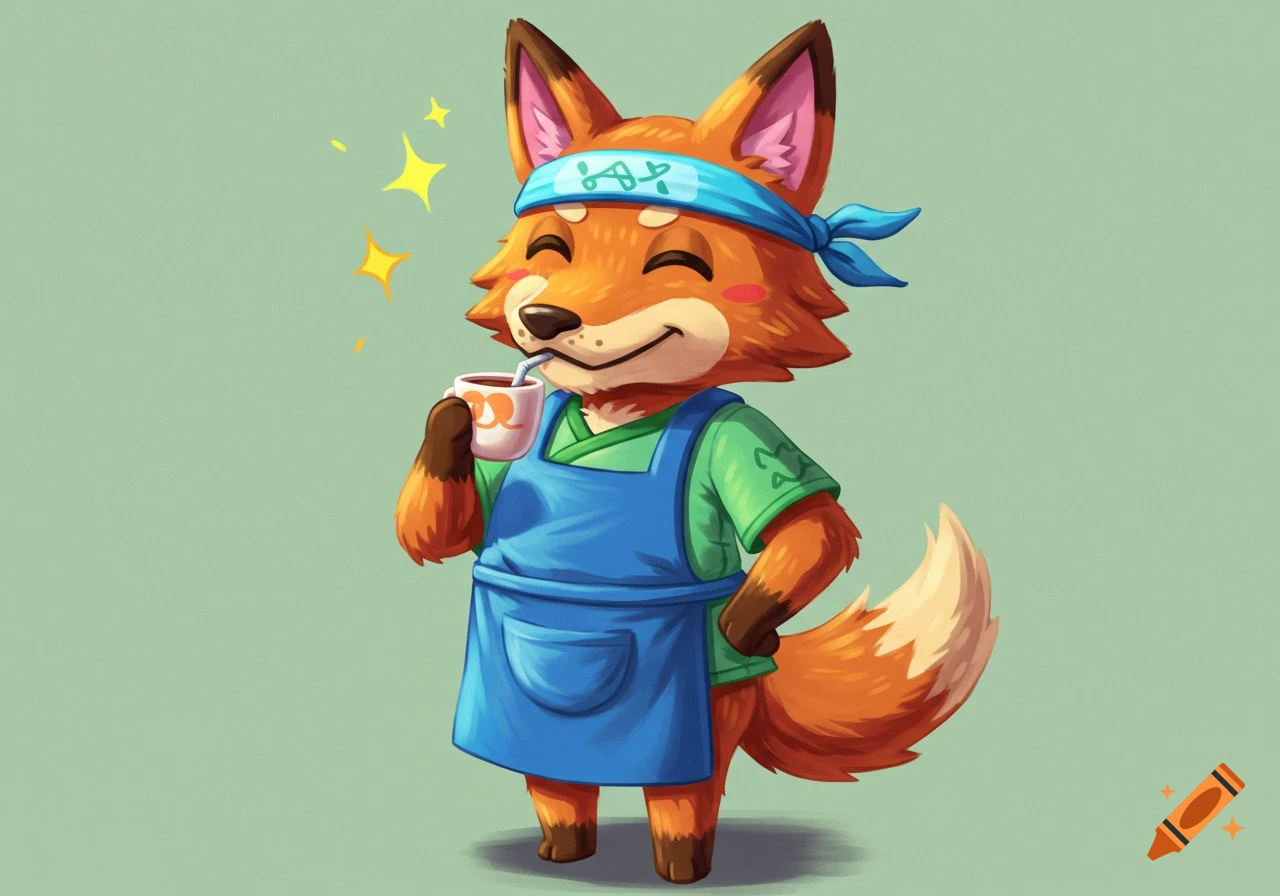 A cute, anthropomorphic fox wearing a blue apron and headband, smiling with closed eyes, holding a cup with a straw.