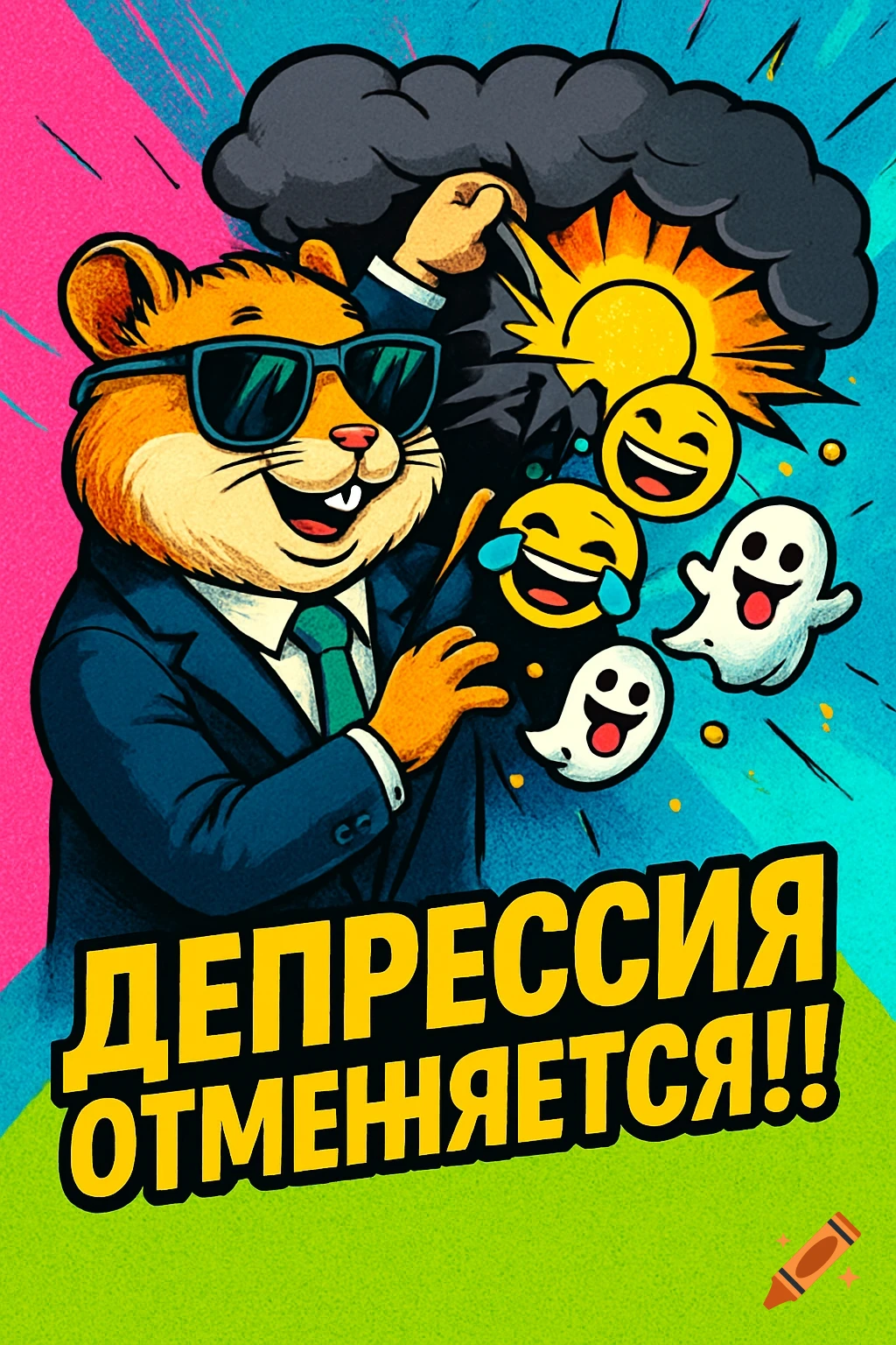 A cool hamster in a suit and sunglasses tears a dark cloud, revealing sun, emojis, and ghosts, with text 'DEPRESSION CANCELED!!' in a vibrant pop-art style.