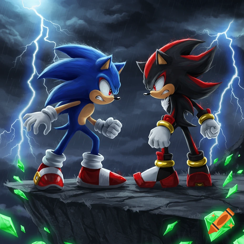 Sonic and Shadow the Hedgehogs face off on a stormy cliff with lightning and green Chaos Emeralds in a dynamic video game art style.