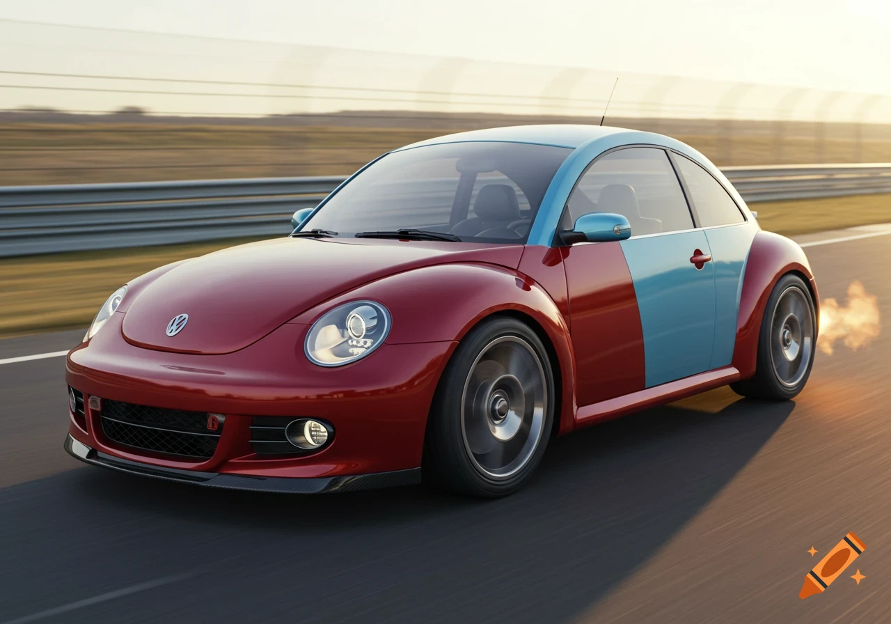 A photo-realistic image of a two-tone red and light blue Volkswagen Beetle-like car speeding on a race track at sunset.
