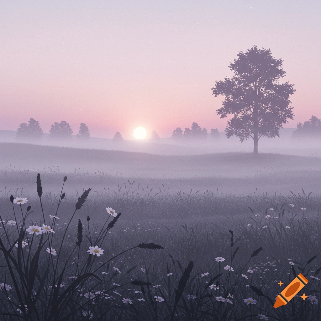 Misty field with wildflowers and a lone tree at sunrise, rendered in soft purples and grays.