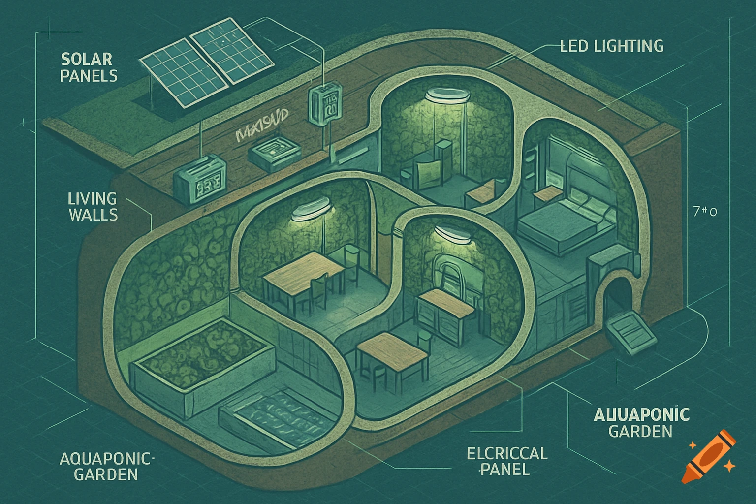 Isometric diagram of a sustainable underground bunker with solar panels, living walls, aquaponic garden, and various rooms.