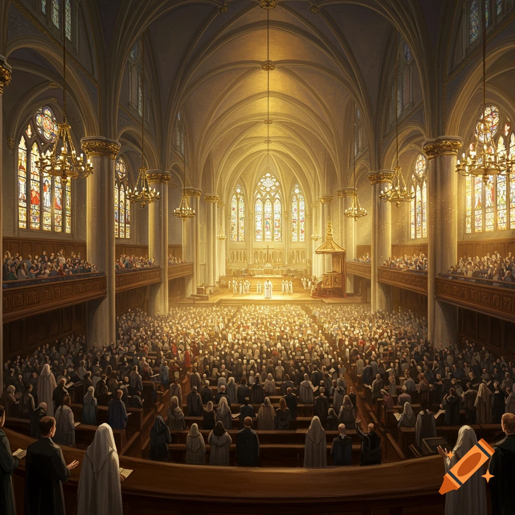 A vast congregation fills a grand, ornate church with high ceilings, stained glass windows, and warm lighting during a service.