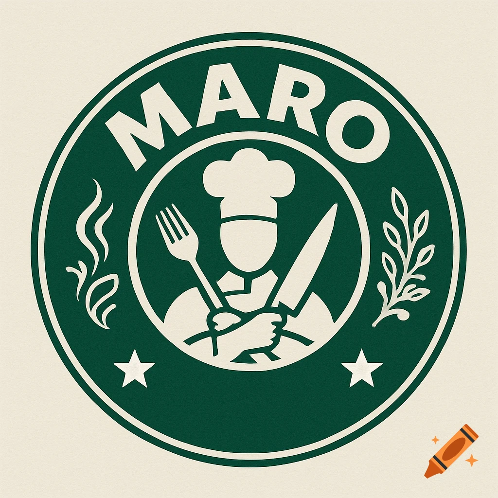 A green and white circular logo resembling Starbucks, featuring a chef holding a fork and knife, with the word 'MARO'.