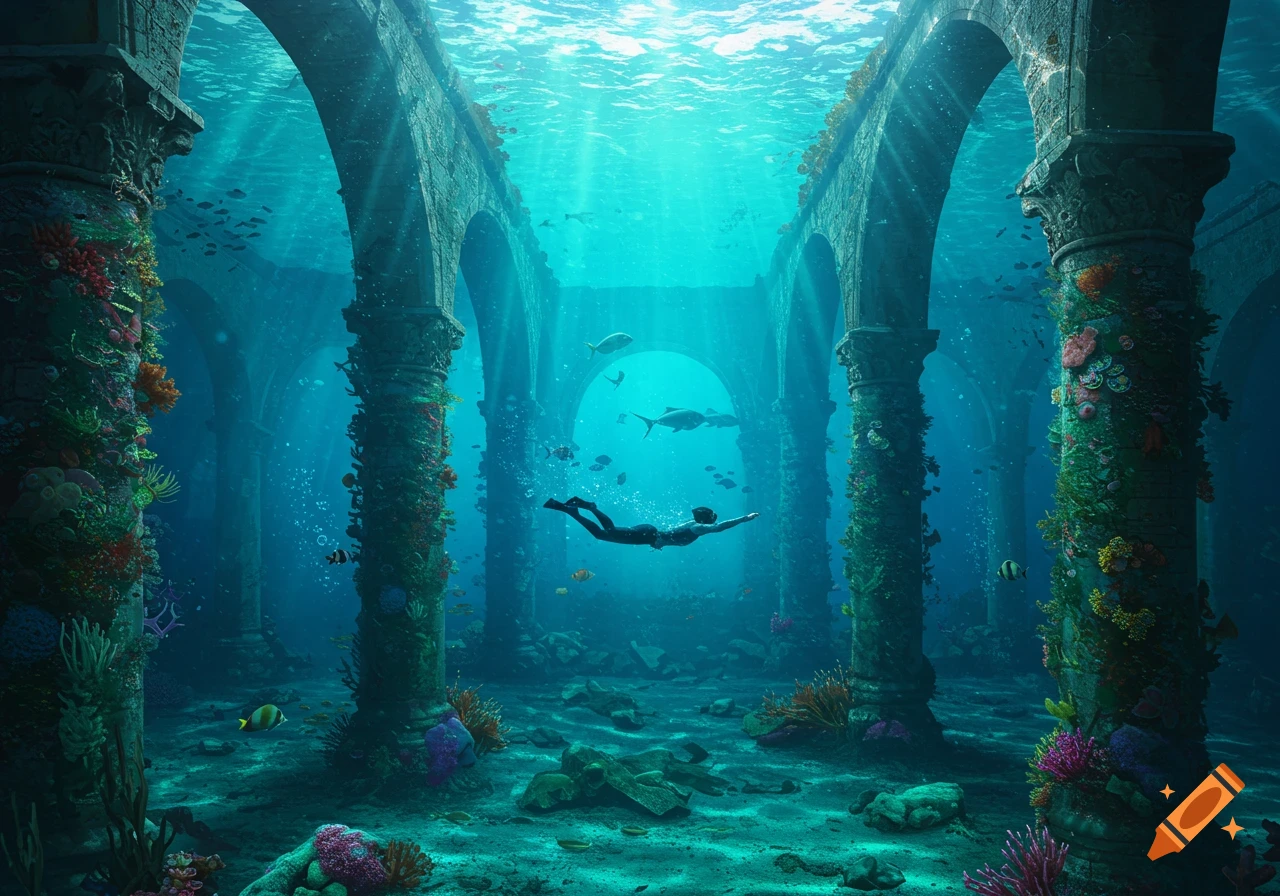 Person swimming underwater through ancient stone arches covered in vibrant coral and fish, with sunrays filtering from above.