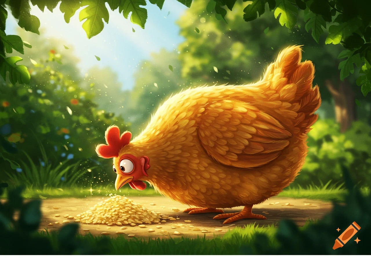 A cartoon chicken pecking at a pile of golden grain in a sunny, lush green outdoor setting, Pixar style.
